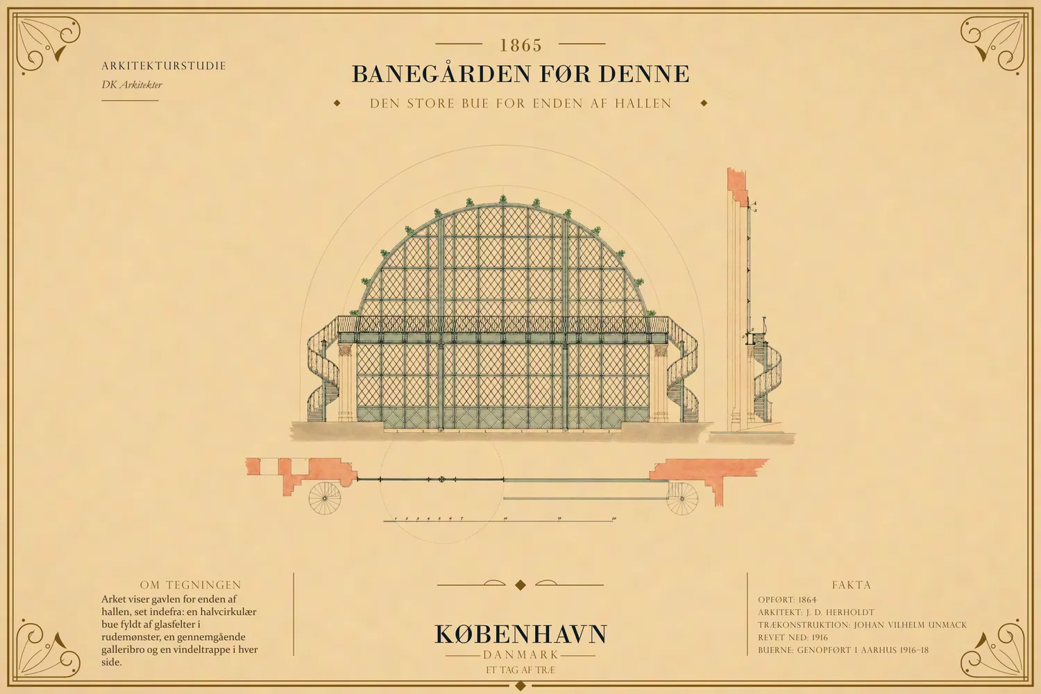 Herholdts banegård fra 1864, tegnet med den sydlige bue i træ.