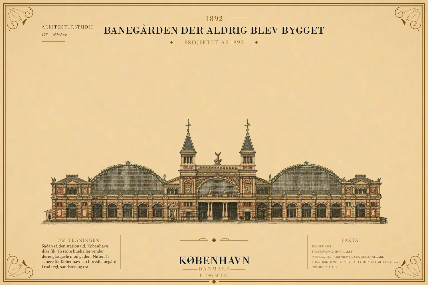 Tryk af banegaardsprojektet fra 1892, med Arboes navn skrevet under med pen: to glashaller og en midterbygning med to spirtaarne.