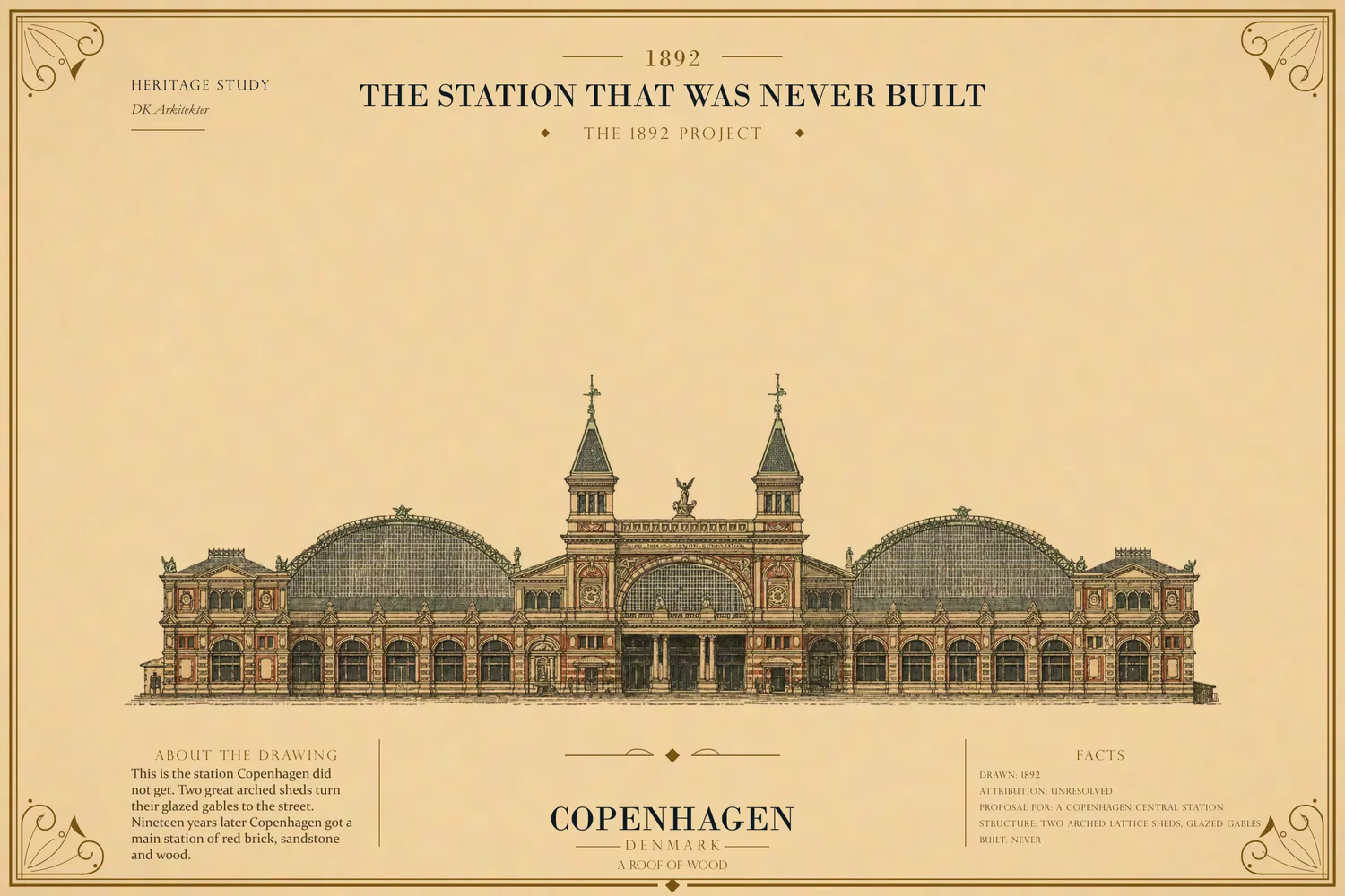 Print of the 1892 station project, with Arboe's name added beneath it in pen: two glazed arch sheds and a centre block with two spired towers.