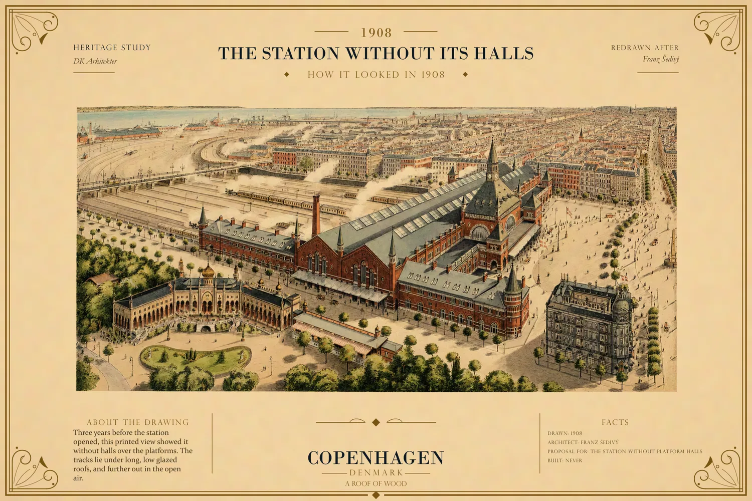 Printed bird's-eye view of the station from 1908, showing low canopies over the platforms and no halls.