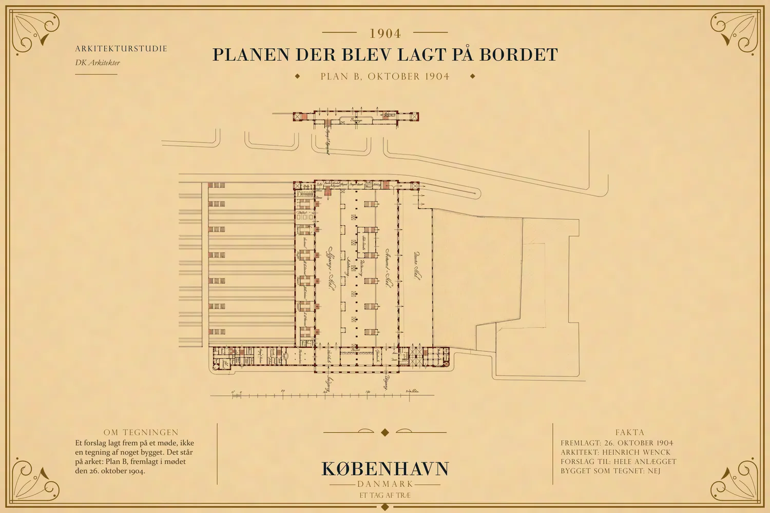 Plantegning mærket Plan B, 1904, med afgangshal, ankomsthal og droskehal.