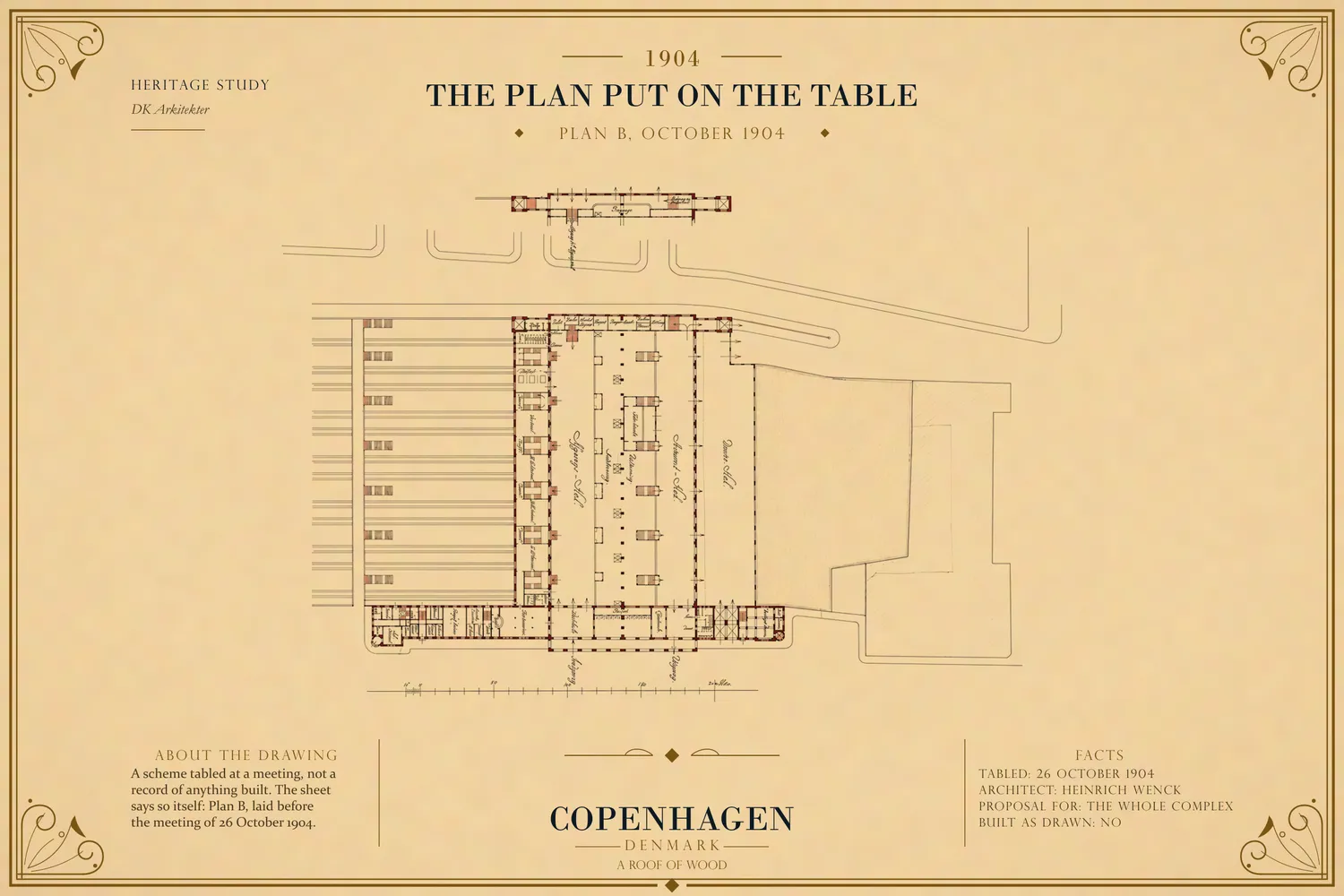 Ground plan marked Plan B, 1904, with departure hall, arrival hall and a hall for cabs.