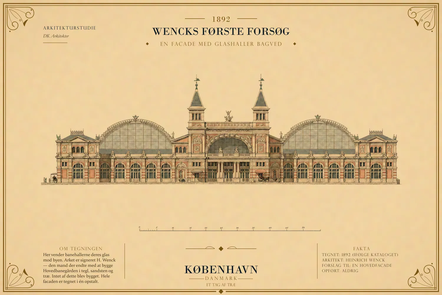 Wencks opstalt fra 1892: to store buehaller med glasgavle mod gaden.