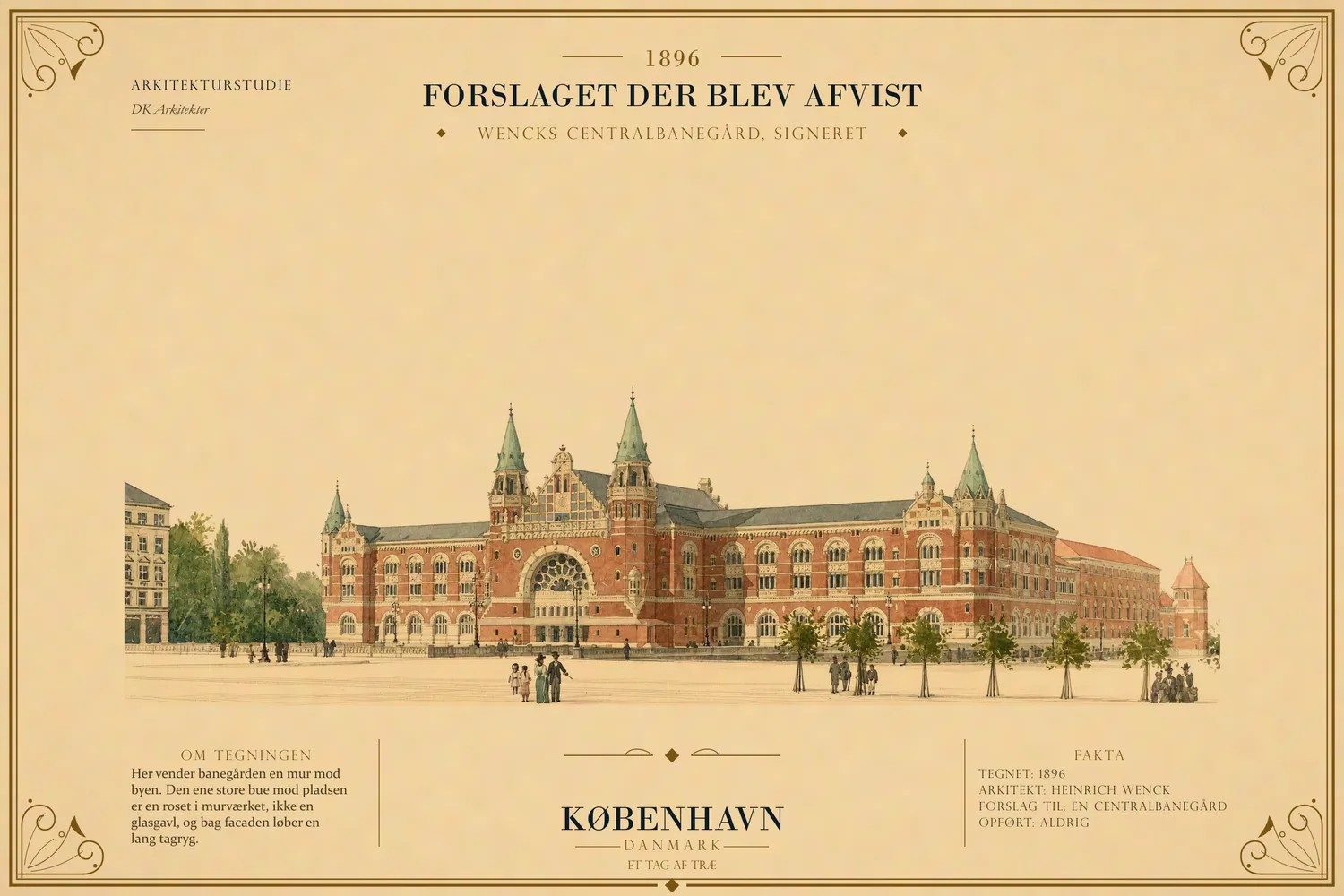 Wencks perspektiv fra 1896 med den lange facade mod pladsen.