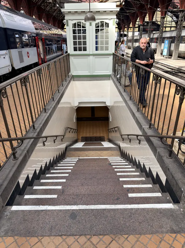 A stair leads down from the platform between iron railings, with the timber platform hall behind.
