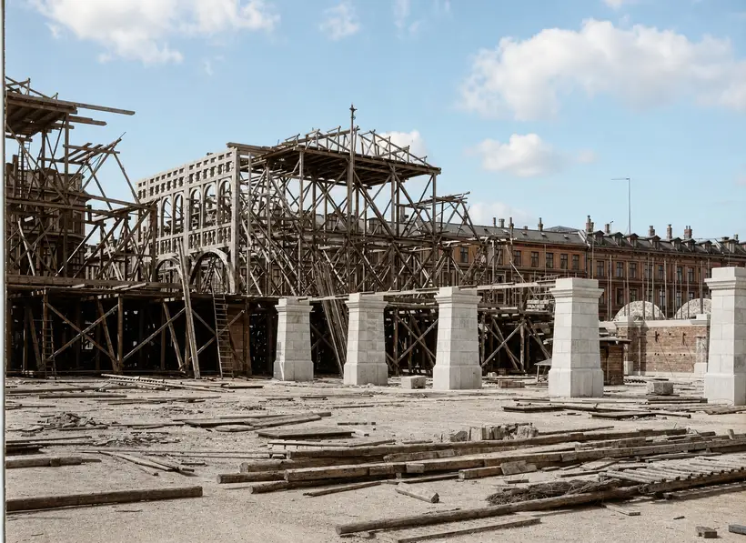 Tall braced timber towers with working decks and ladders stand around a pale arcaded element. Five stone piers stand in the middle ground and long timbers lie strewn across the foreground.