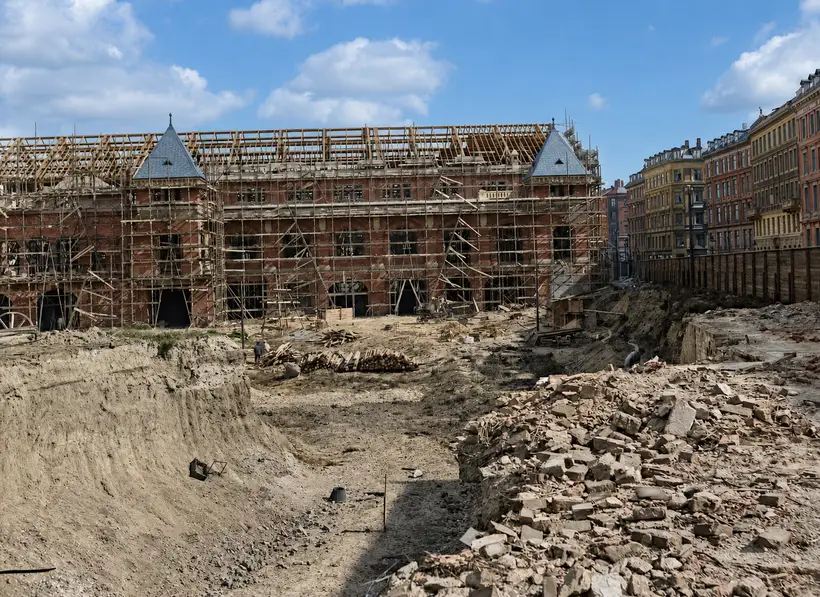 A long brick building in scaffolding, an open timber roof frame running its full length and slate only on the two corner turrets. In front, a deep sandy excavation with timber and rubble; a sheet-pile wall and apartment blocks to the right.