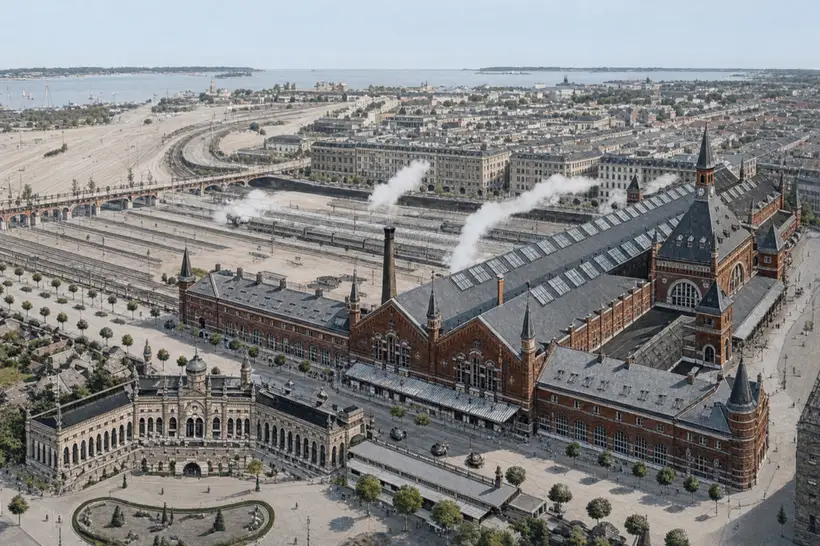 An oblique aerial view of a station with long wings, open track fans, steam plumes and city blocks running down to the water.
