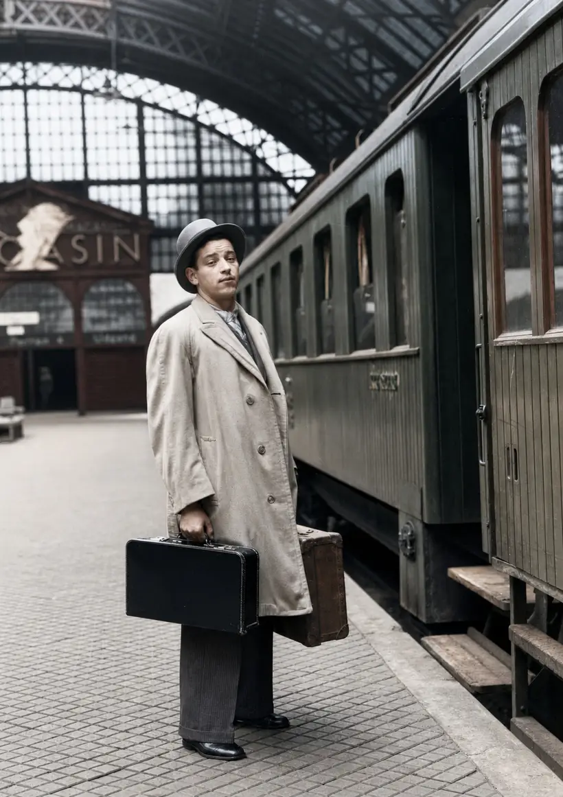 Man in a bowler hat and pale overcoat stands with a case and a suitcase on a platform beside a green carriage under an arched glazed roof.