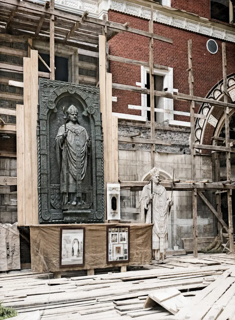 Billedet viser i 1908 Københavns Rådhus' facade med Absalon under udførelse.