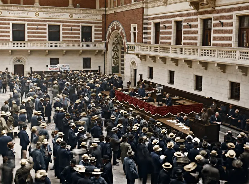 Billedet viser valgmændenes valg af landstingsmænd i Rådhushallen på Københavns Rådhus i 1914.