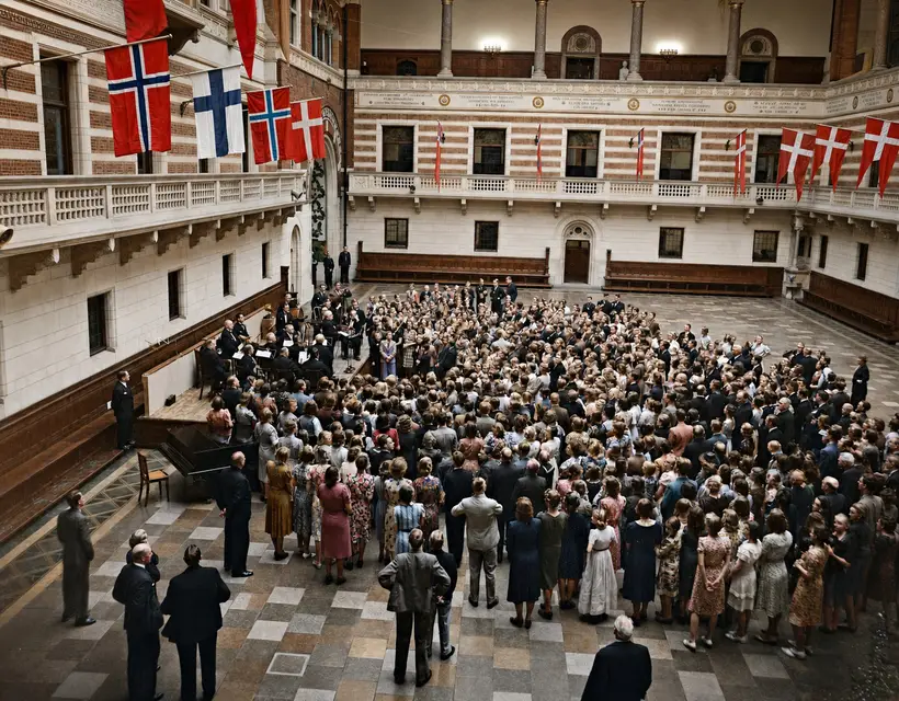 Billedet viser borgmester Kaper tale til nordiske skolebørn i Rådhushallen på Københavns Rådhus i 1939.
