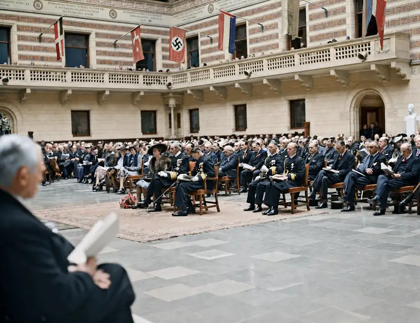 Billedet viser Hans Majestæt Kong Christian X og kronprinsparret i Rådhushallen på Københavns Rådhus i 1939.