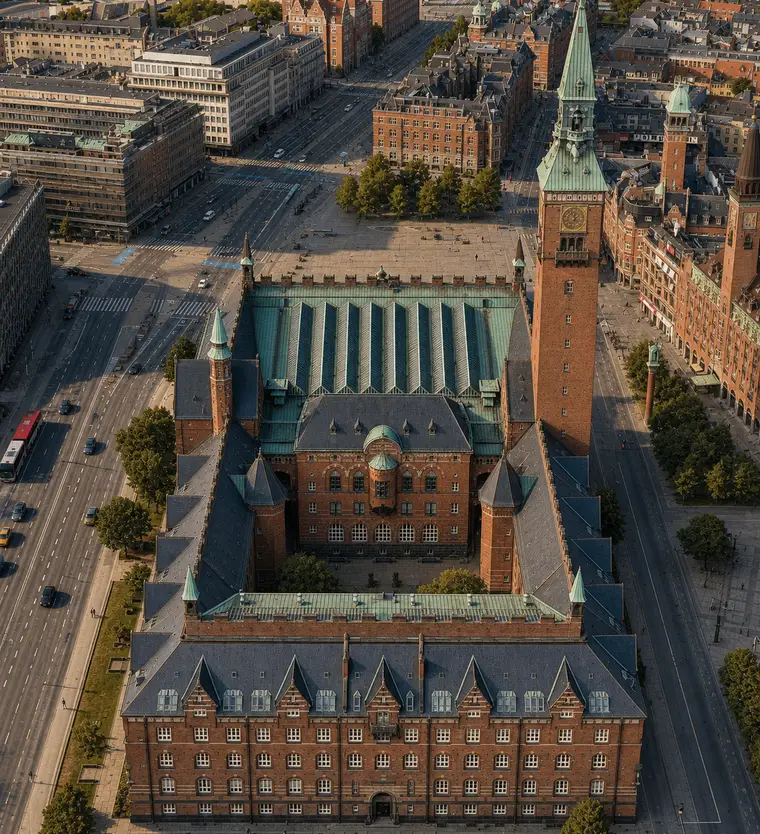 Københavns Rådhus set skråt fra luften med gårdrum, stejle tage og rådhustårnet foran Rådhuspladsen og det centrale København.