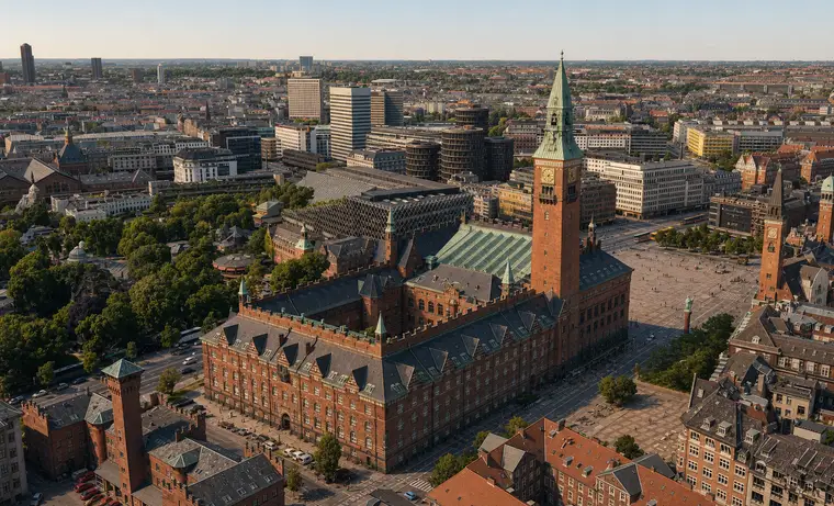 Københavns Rådhus set skråt fra luften med tårnet, de sammenbyggede fløje, Rådhuspladsen og Tivolis grønne område.