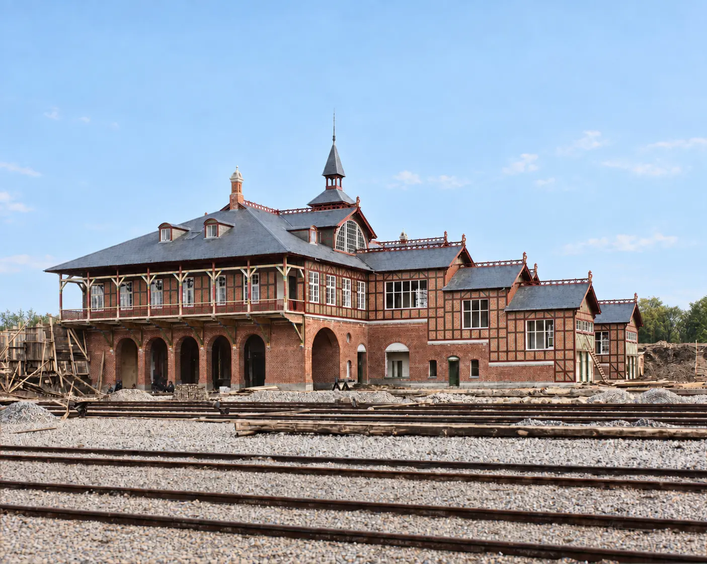 The station in 1897 seen across bare tracks, with ladders and building materials still around it.