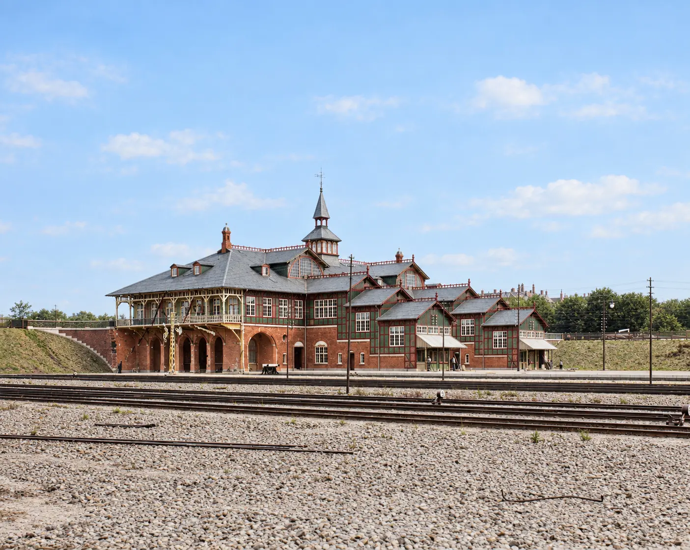 The track side in 1897: brick arches at track level and a timber gallery along the upper floor.