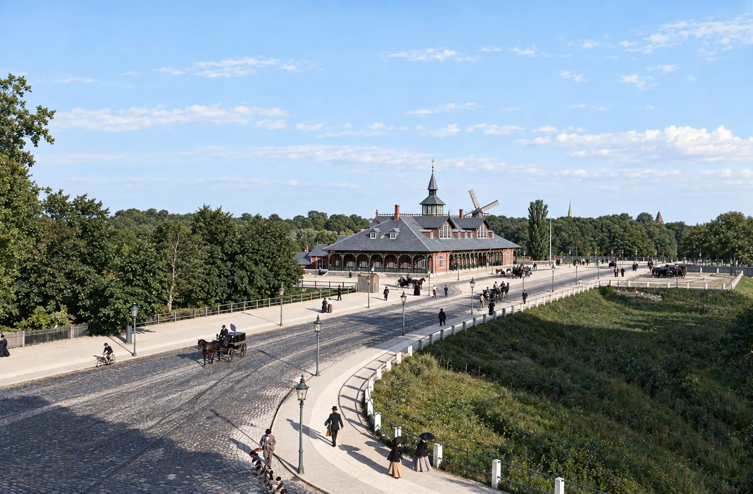 A curving road with a railing above the cutting, cyclists and carriages, and the new station at the far end in open ground.