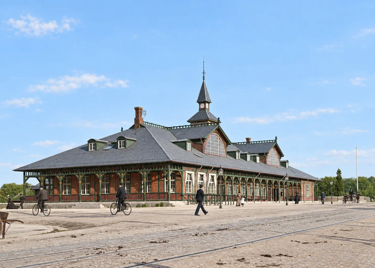 The station in 1901 from the square: a long low building with an open veranda, an arched window and the tower with its spire.