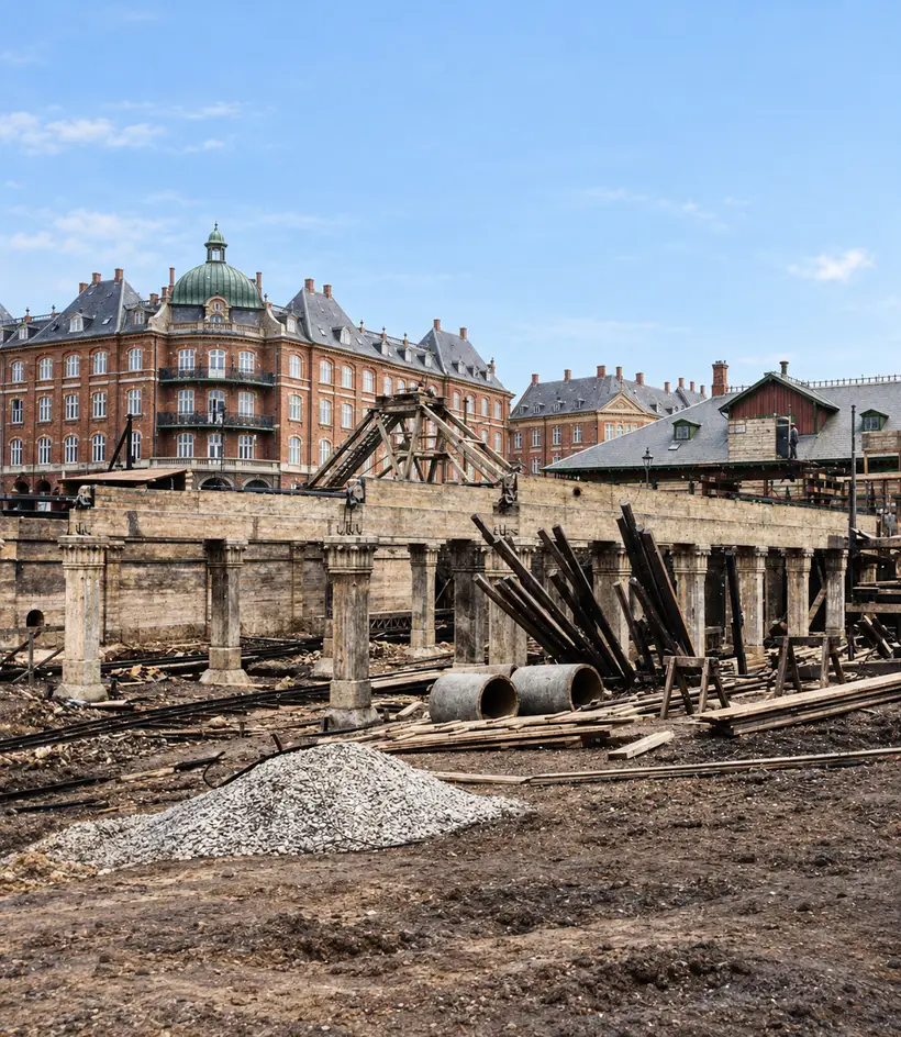 A timber construction site with masonry columns and scattered materials stands before station buildings and a large domed brick building.