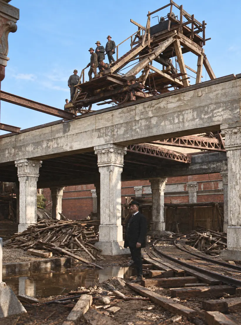 Workers stand on a timber gantry above column-supported beams, with rail tracks, debris and a man below at Østbanegården.
