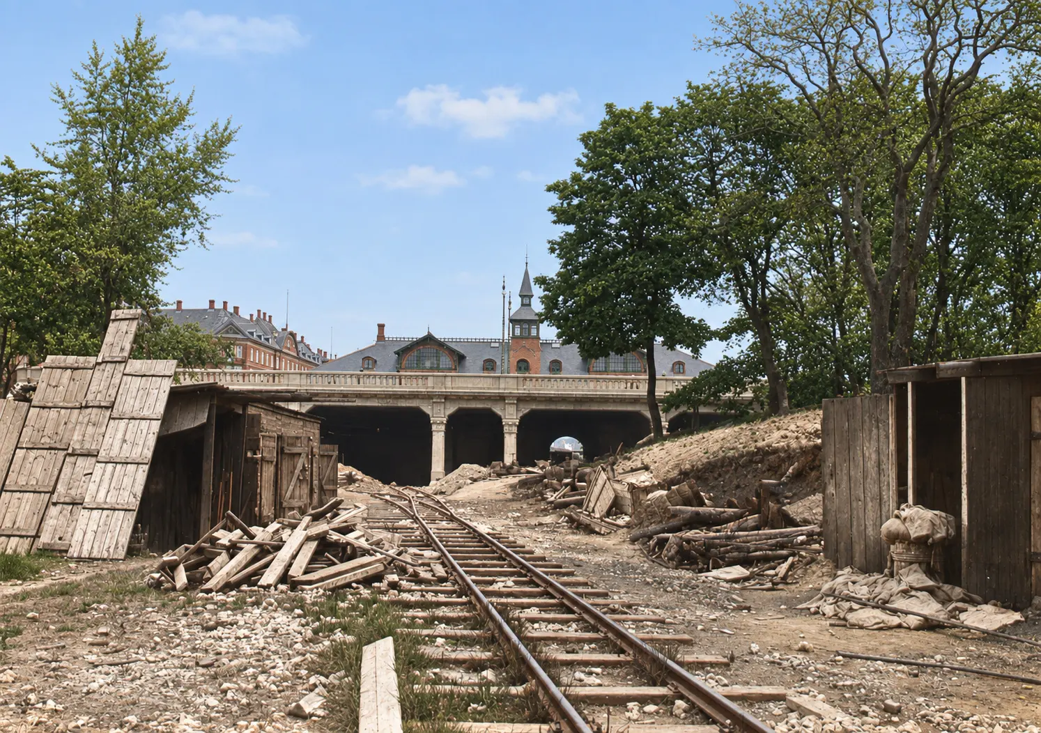 A track running into the excavated cutting under a new bridge, with the station and its spire beyond.