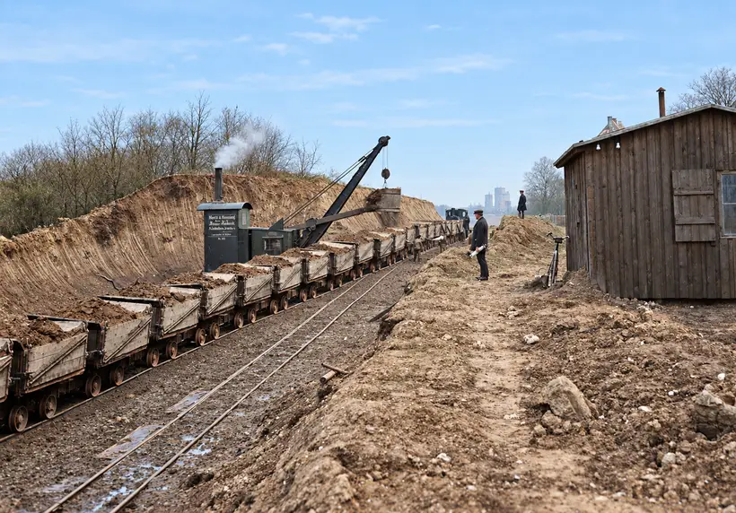 Excavation works with soil wagons, a steam crane, workers, a timber shed and a bicycle beside temporary tracks.