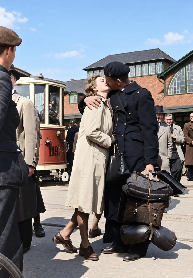 A woman embraces and kisses a uniformed police officer carrying luggage outside Østerport Station, surrounded by onlookers and a tram.