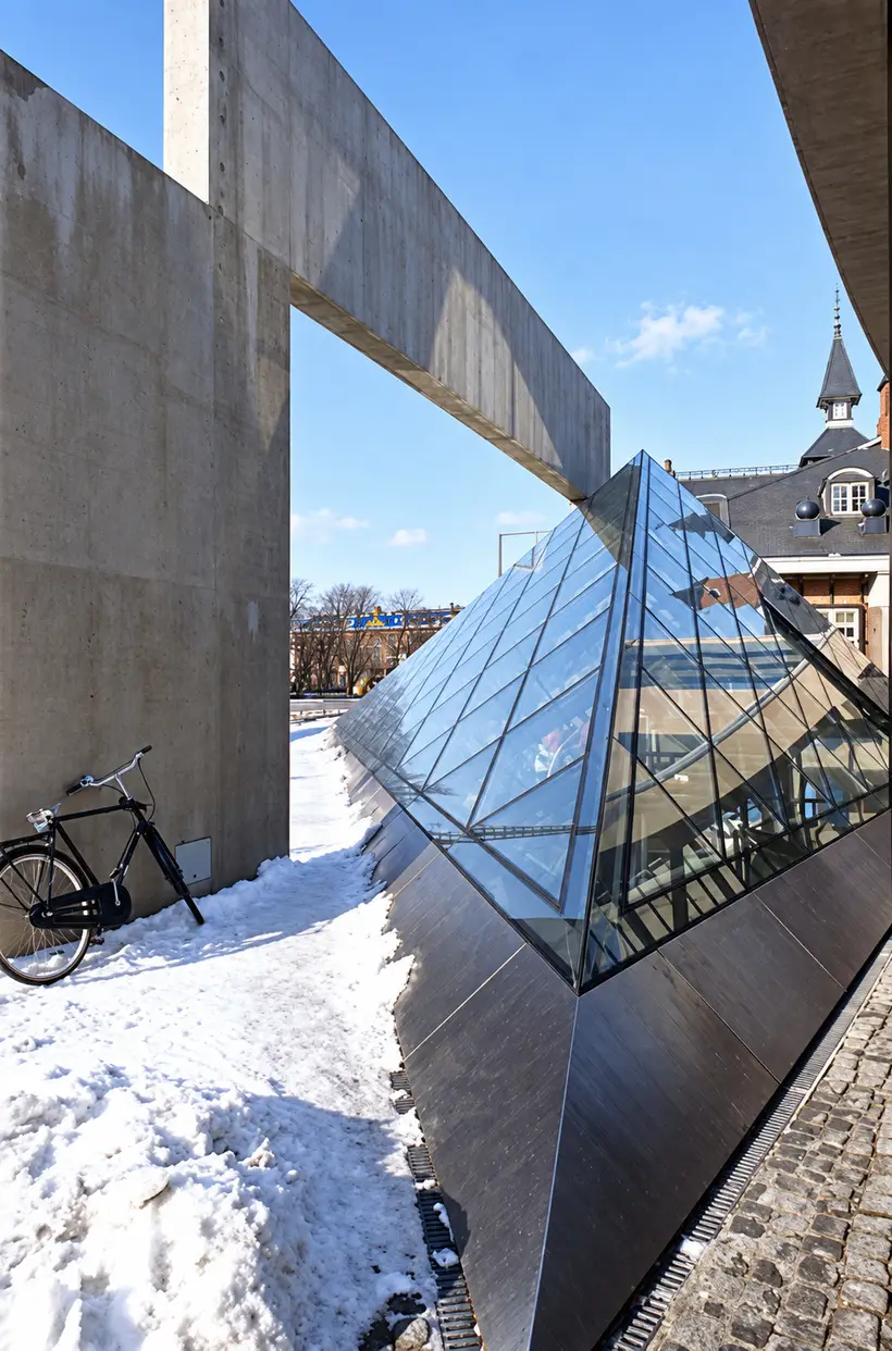 A glass pyramid skylight sits between concrete walls, with the restored station tower behind, a bicycle at left, and snow underfoot.