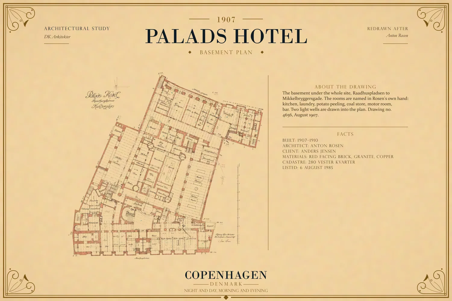 The cellar plan of August 1907, redrawn, with every room named.