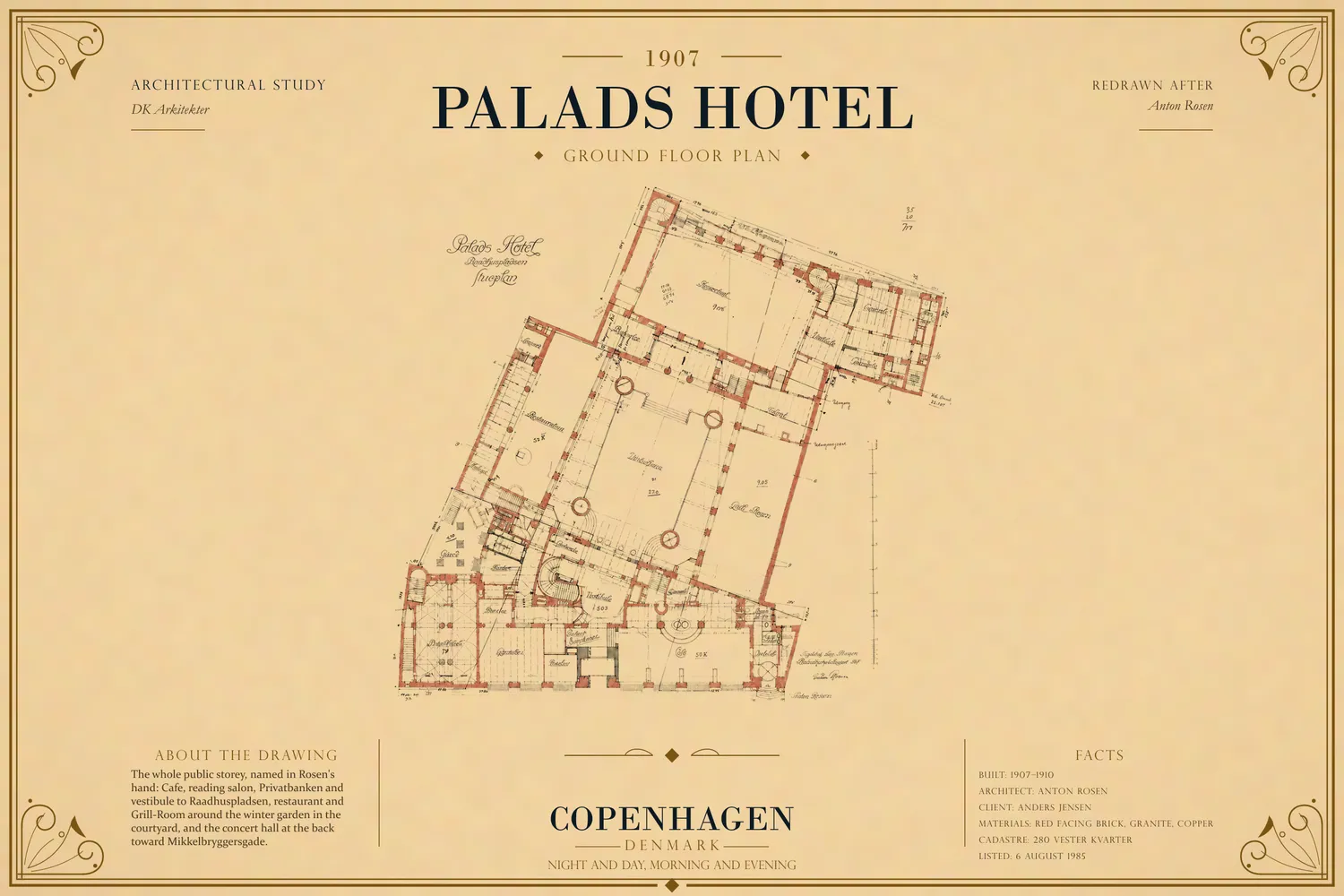 The ground floor plan of August 1907, redrawn.