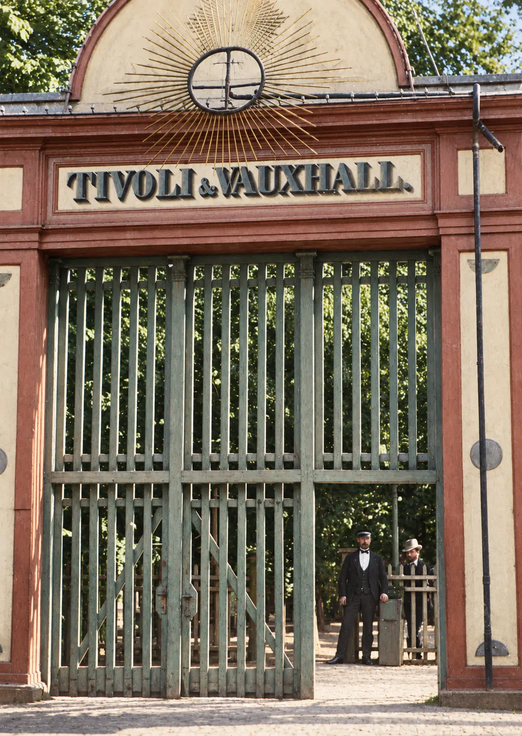Tivolis første port tæt på: en tremmeport i træ under en frise med ordene TIVOLI & VAUXHALL og en halvrund gavl; to mænd står i den åbne fløj.